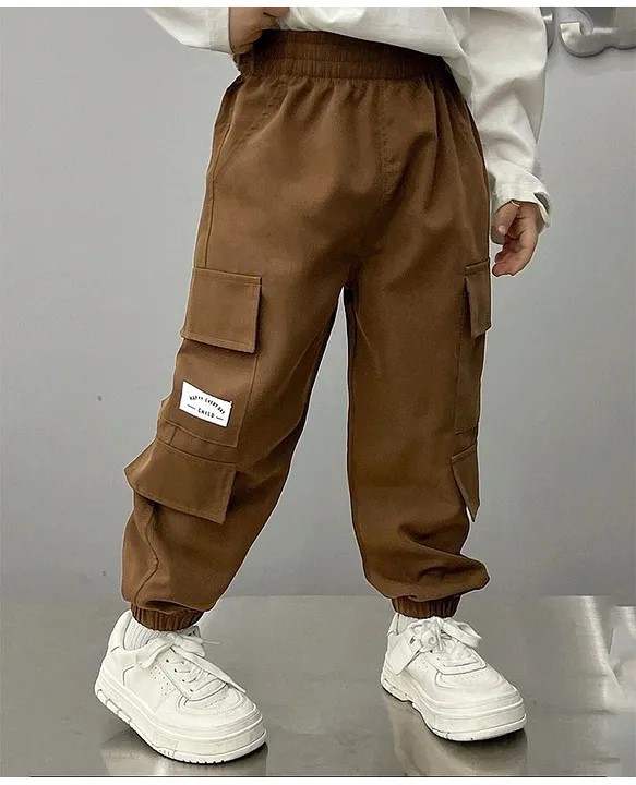 tior Cotton Woven Happy Everyday Text Patch Detailed Cargo Pants - Brown